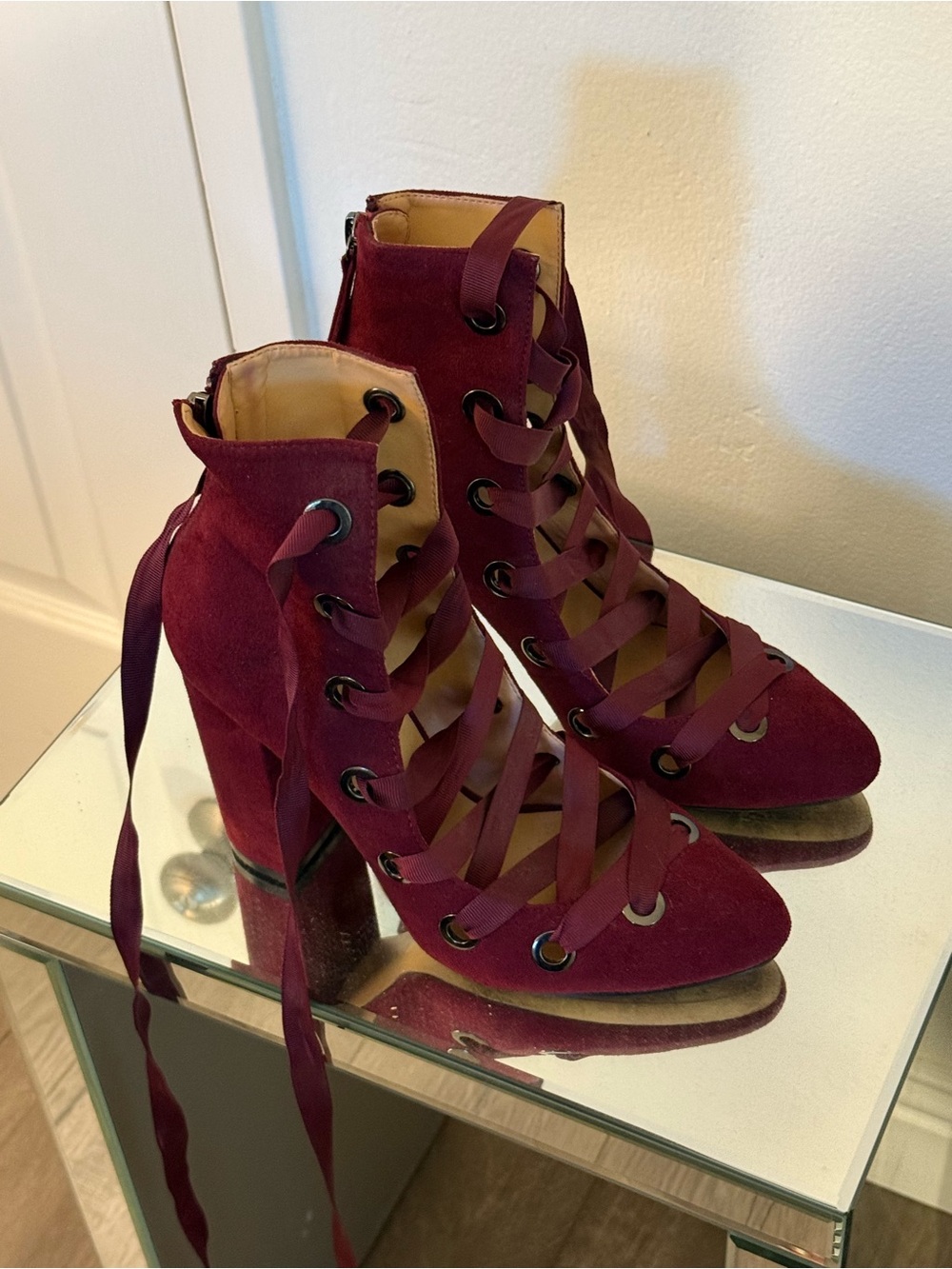 Women's Burgundy Lace-Up Suede High Heel Booties